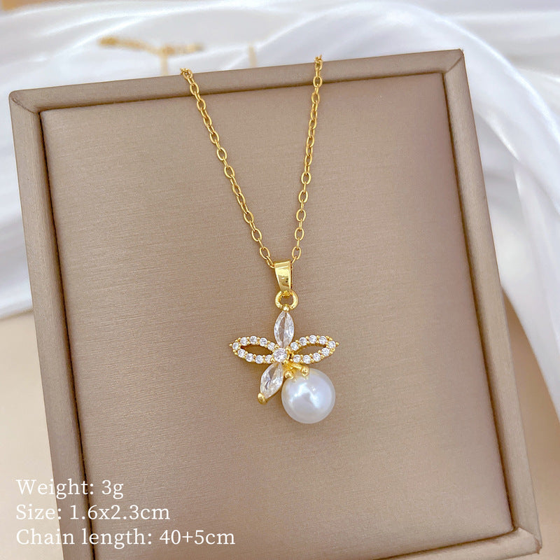 Titanium Steel Necklace And Earrings Suite Light Luxury Full Diamond